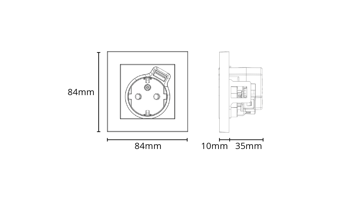 Uttag infällt Vit enkel jordad + USB-A-laddare 2,4A