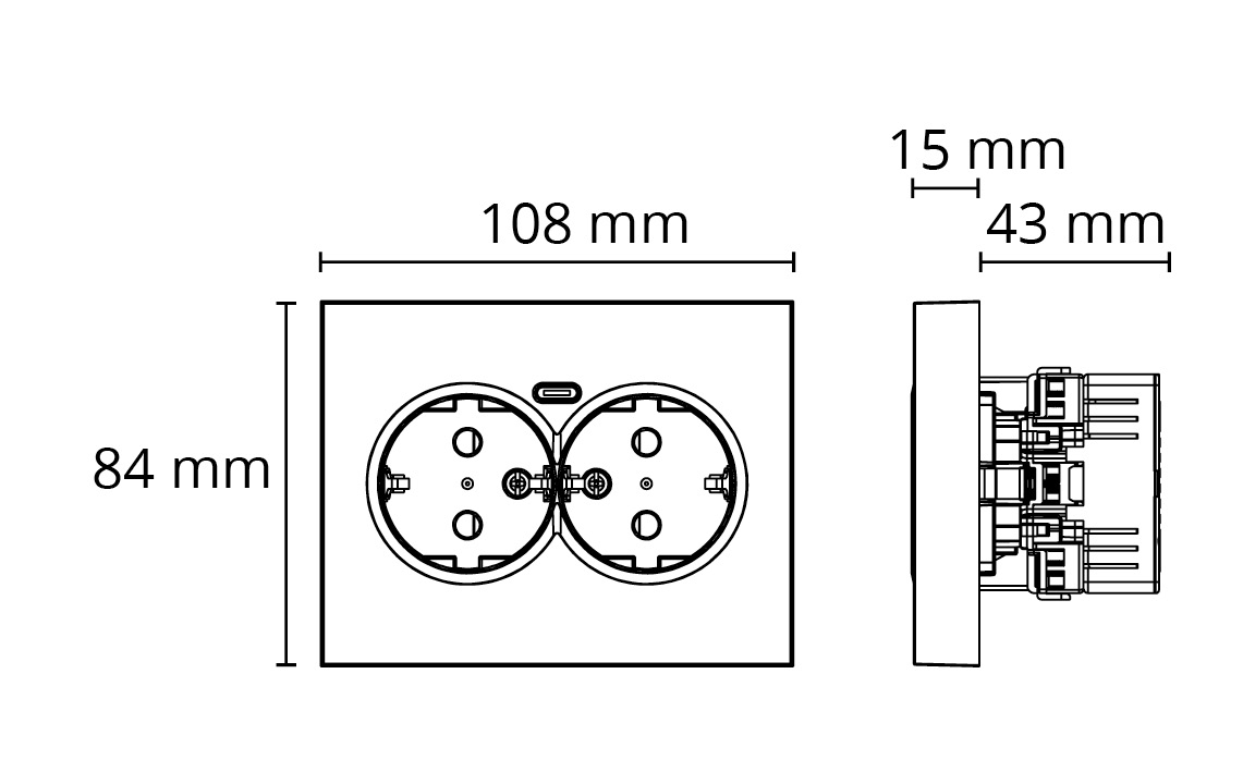Uttag infällt 2-vägs Vit m USB-C 1,5 boks
